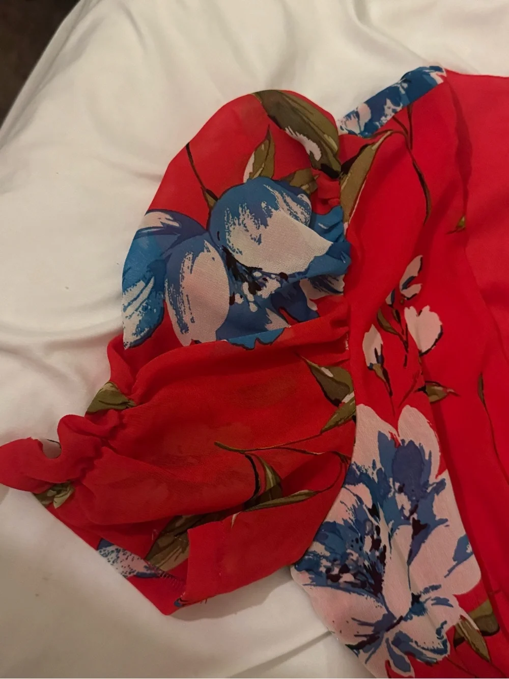 Lulu's Red Floral V-Neck Mini Dress with Blue & White Blooms